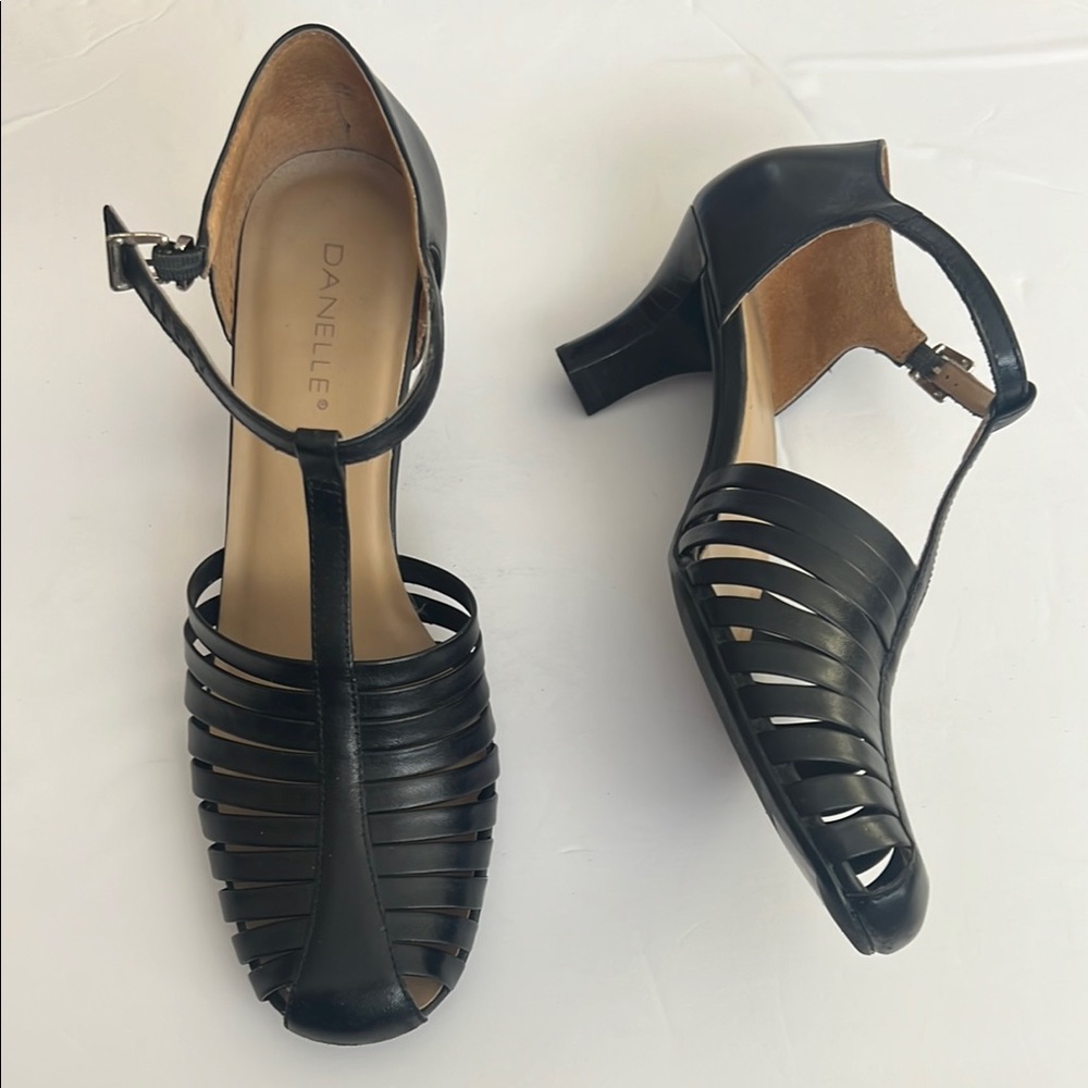 Danielle Black T-Strap Heels with Retro Design
